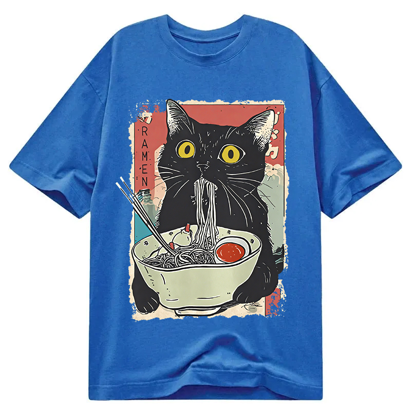 Modecanvas Cute Cat Eating Ramen DTG Printing Classic T-Shirt-modecanvas