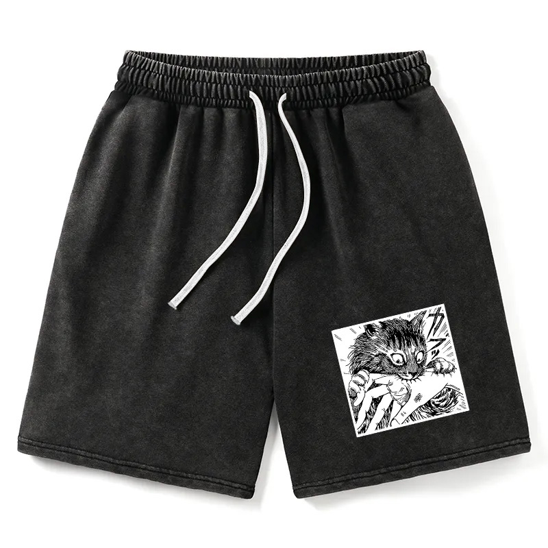 Modecanvas Creepy Cat Anime Horror Anteater Washed Shorts
