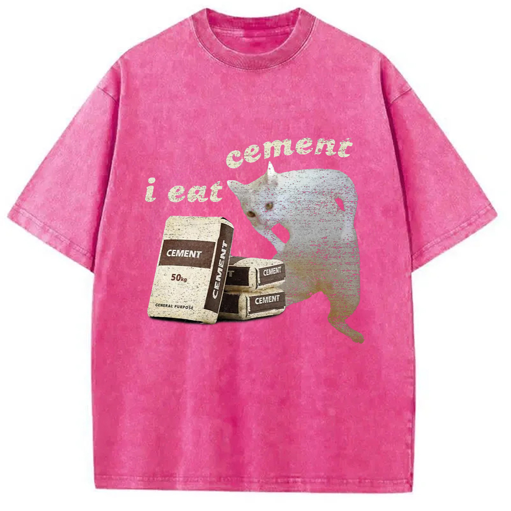 Modecanvas I Eat Cement White Cat Washed T-Shirt