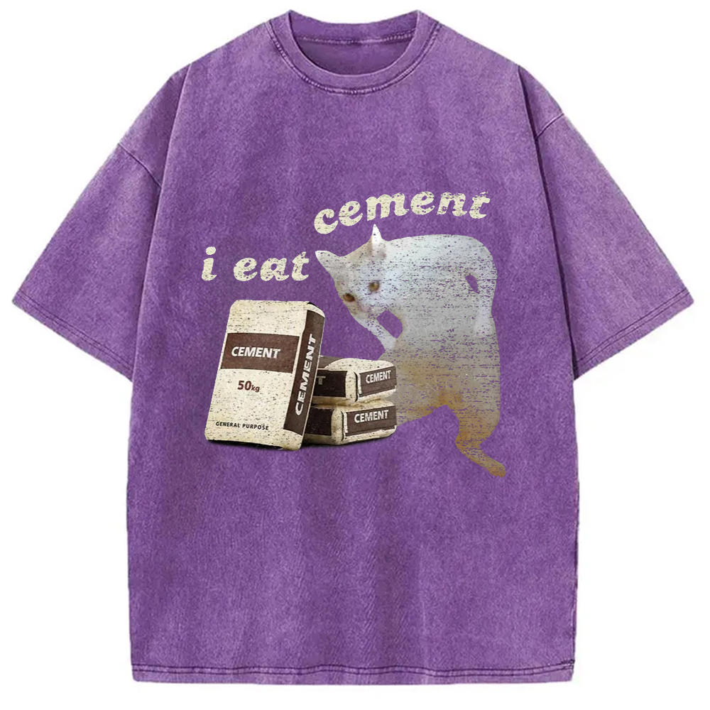 Modecanvas I Eat Cement White Cat Washed T-Shirt