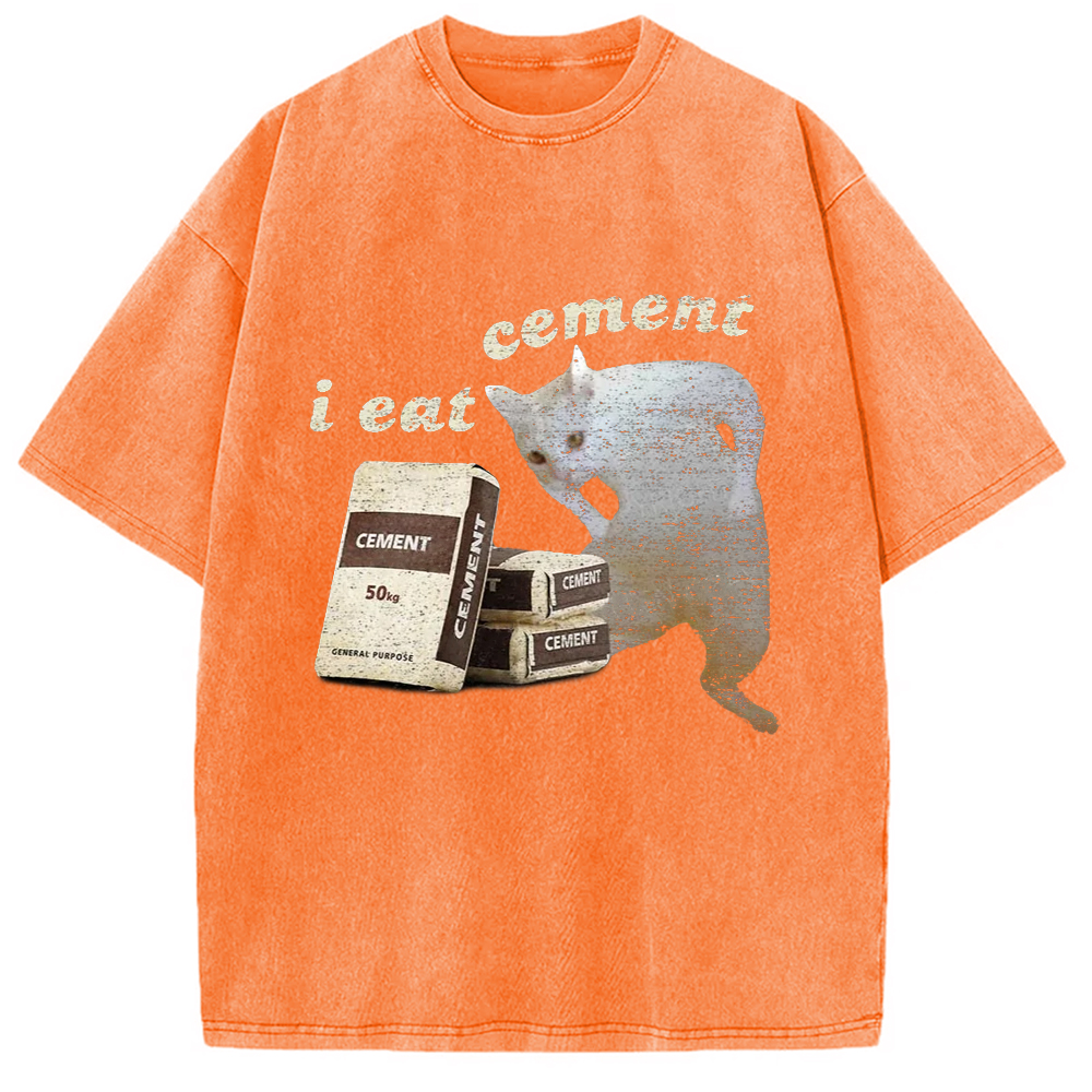 Modecanvas I Eat Cement White Cat Washed T-Shirt