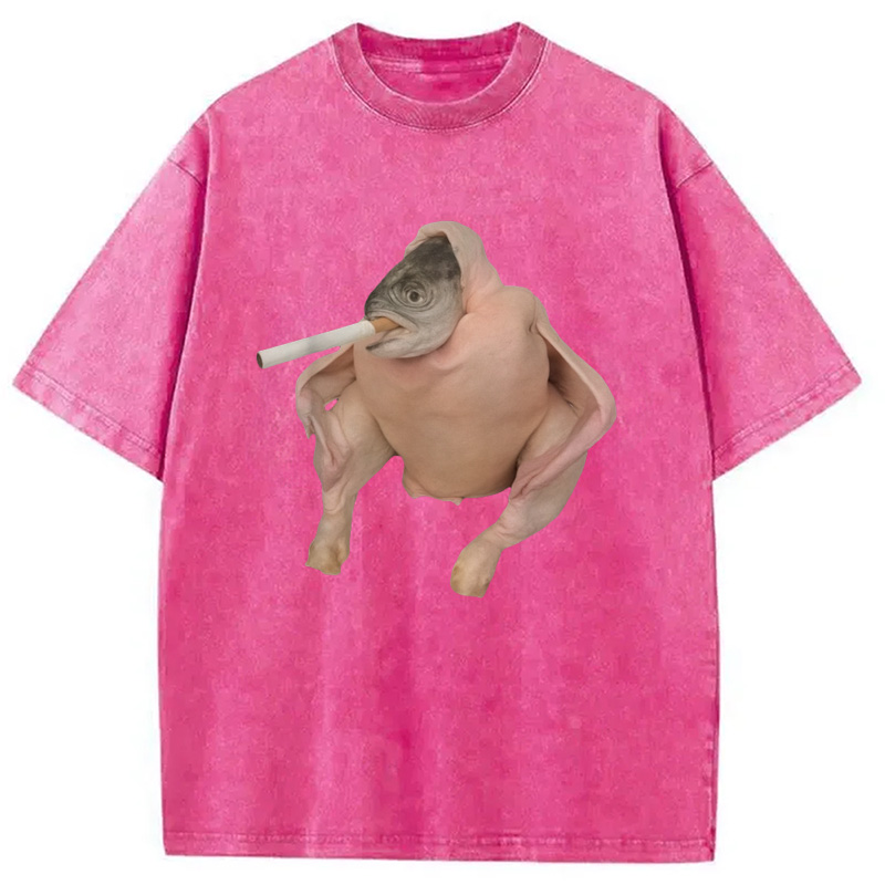 Modecanvas Fish Chicken Face Smoking a Cigarette Funny Meme Washed T-Shirt