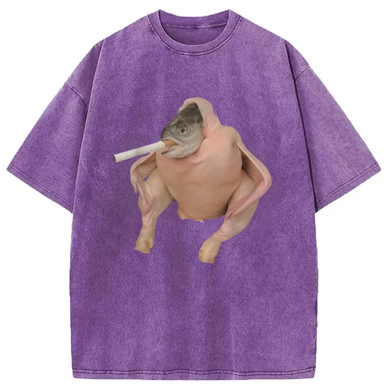 Modecanvas Fish Chicken Face Smoking a Cigarette Funny Meme Washed T-Shirt