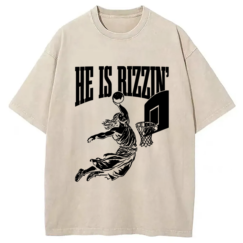 Modecanvas He Is Rizzin Funny Jesus Basketball Meme Washed T-Shirt-modecanvas