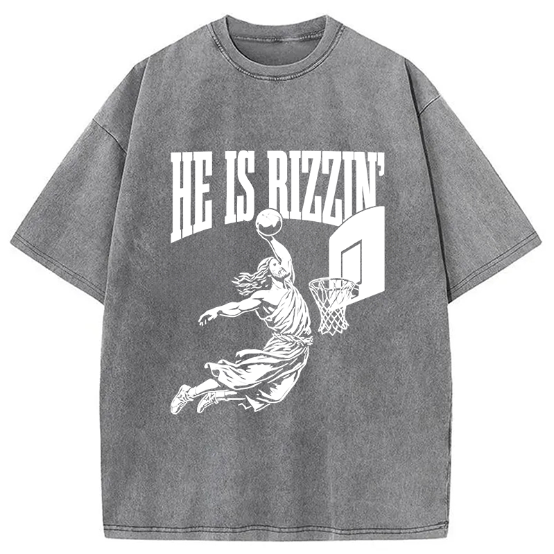 Modecanvas He Is Rizzin Funny Jesus Basketball Meme Washed T-Shirt-modecanvas