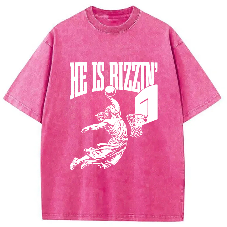 Modecanvas He Is Rizzin Funny Jesus Basketball Meme Washed T-Shirt-modecanvas