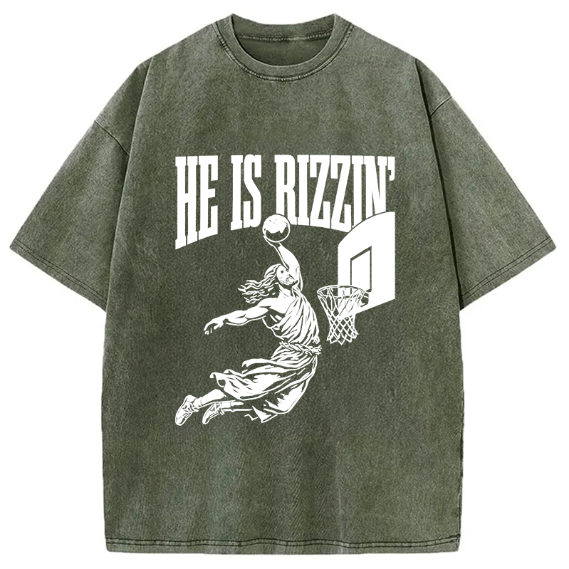 Modecanvas He Is Rizzin Funny Jesus Basketball Meme Washed T-Shirt-modecanvas