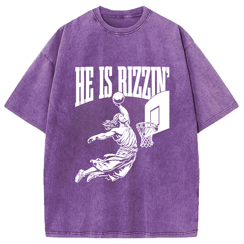 Modecanvas He Is Rizzin Funny Jesus Basketball Meme Washed T-Shirt-modecanvas