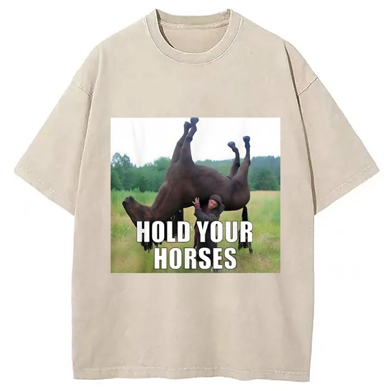 Modecanvas Hold Your Horses Funny Meme Washed T-Shirt