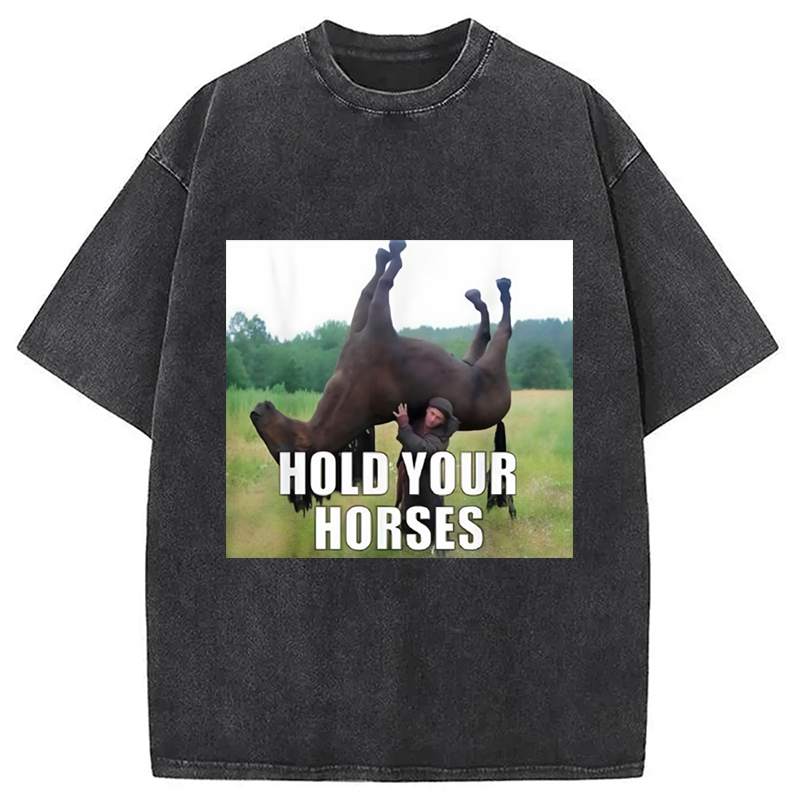 Modecanvas Hold Your Horses Funny Meme Washed T-Shirt