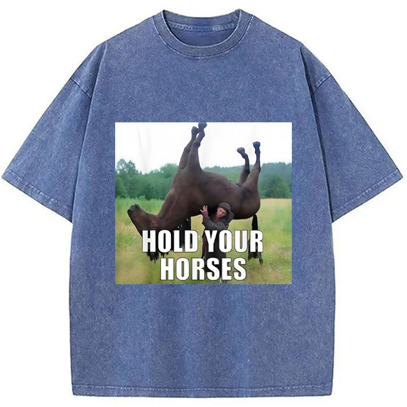 Modecanvas Hold Your Horses Funny Meme Washed T-Shirt