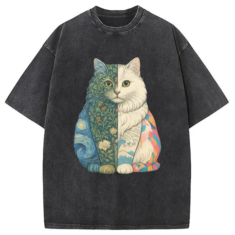 Modecanvas Van Gogh Art Cat Washed T-Shirt