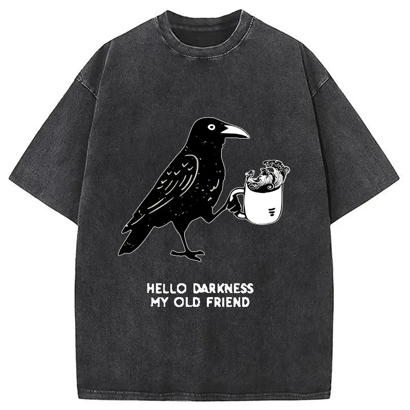 Modecanvas Crow Drinking Black Coffee Funny Washed T-Shirt