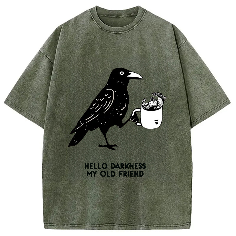 Modecanvas Crow Drinking Black Coffee Funny Washed T-Shirt