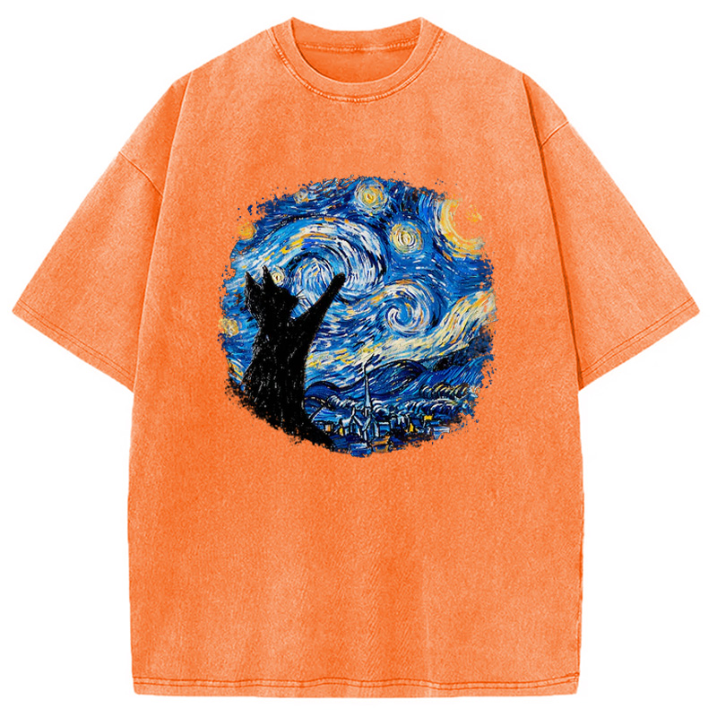 Modecanvas Starry Night Cat Washed T-Shirt