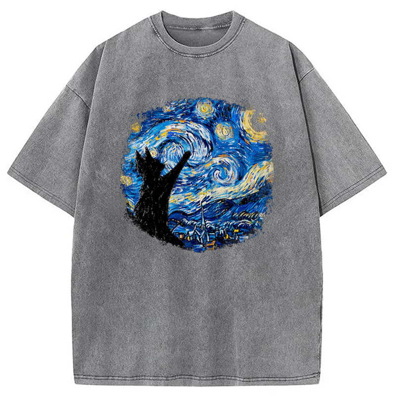 Modecanvas Starry Night Cat Washed T-Shirt
