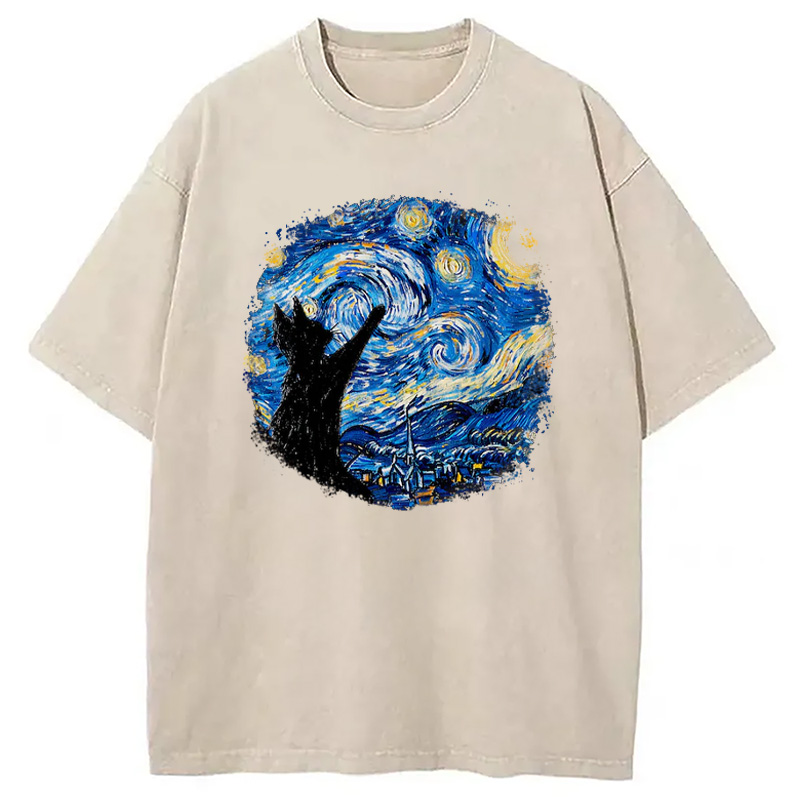Modecanvas Starry Night Cat Washed T-Shirt