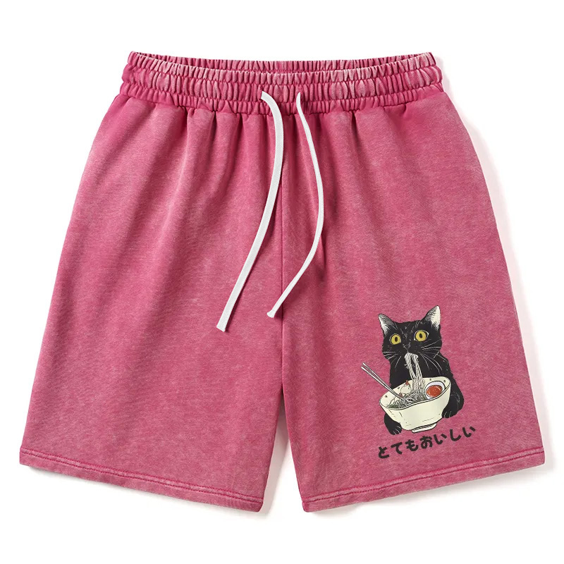 Modecanvas Cats Eat Ramen Noodles Washed Shorts