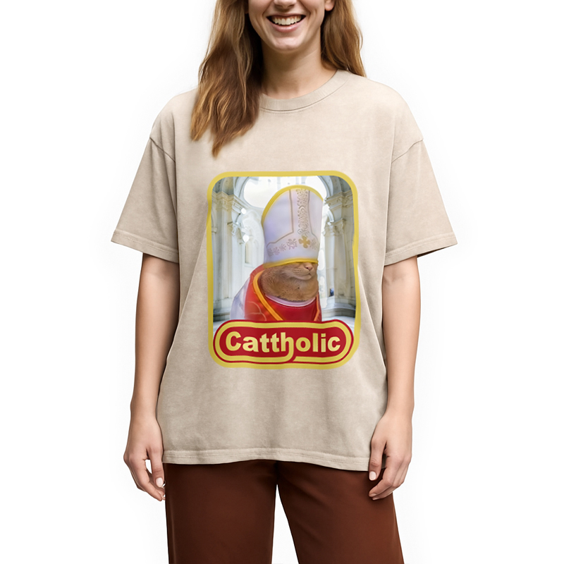Modecanvas Cattholic Cat Funny Washed T-Shirt