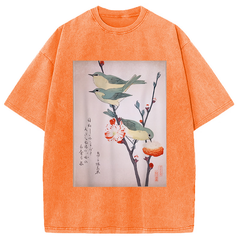 Modecanvas Japanese Art Birds on Cherry Blossom Washed T-Shirt
