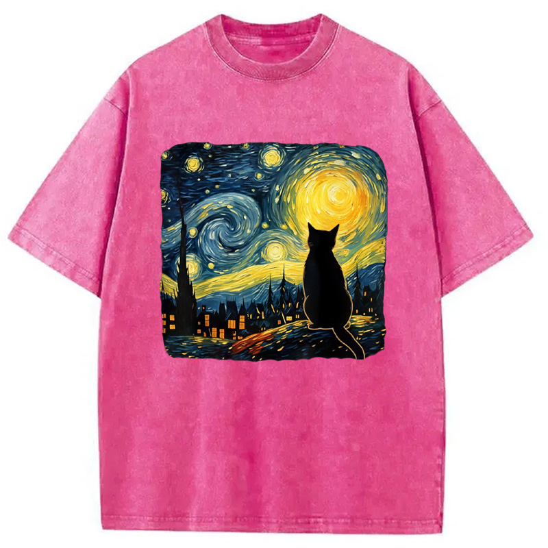 Modecanvas Cat Starry Night Washed T-Shirt