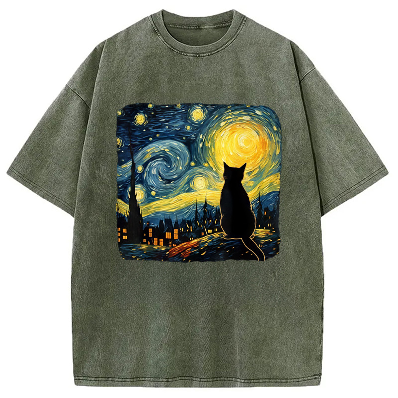 Modecanvas Cat Starry Night Washed T-Shirt