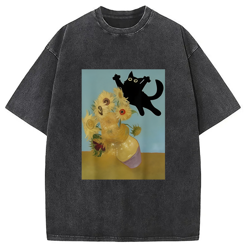 Modecanvas Playing Cat Sunflower Washed T-Shirt
