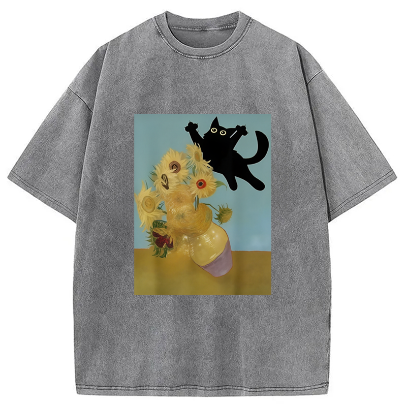 Modecanvas Playing Cat Sunflower Washed T-Shirt