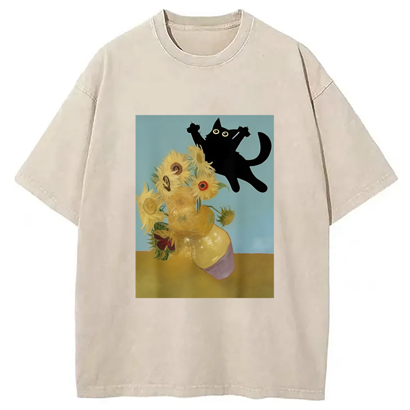 Modecanvas Playing Cat Sunflower Washed T-Shirt