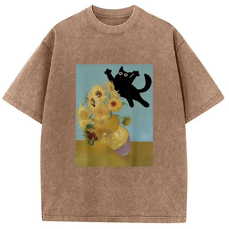 Modecanvas Playing Cat Sunflower Washed T-Shirt