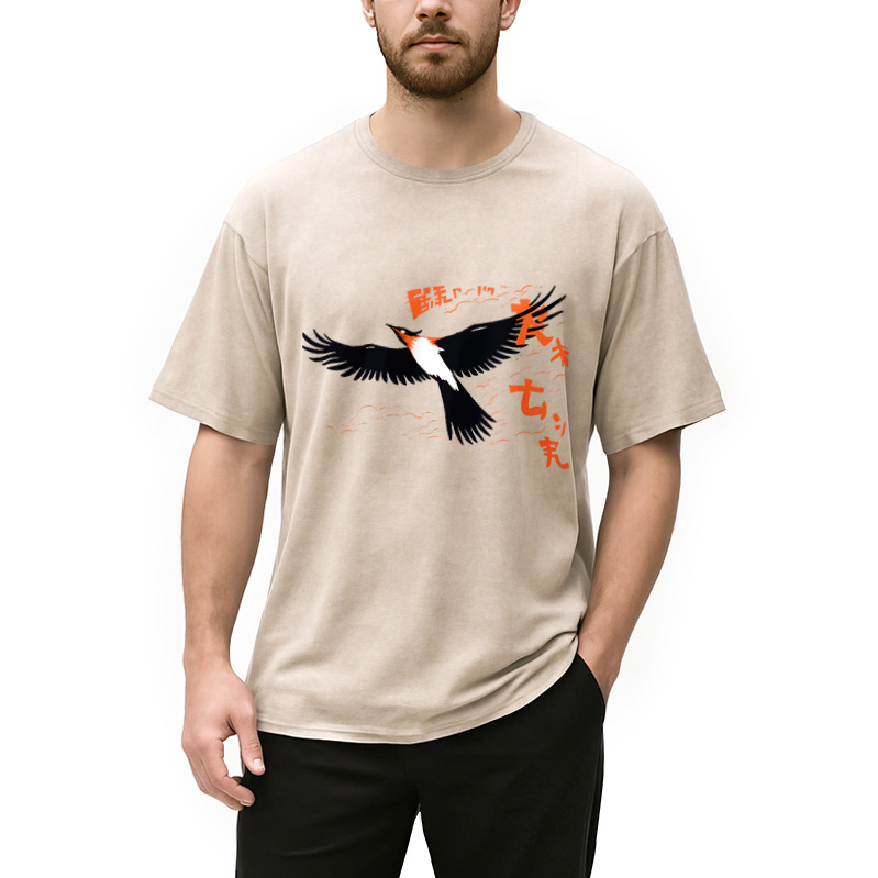 Modecanvas Japanese-Inspired Bird Washed T-Shirt