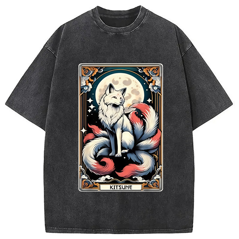 Modecanvas Japanese Kitsune Fox Nine Tailed Fox Tarot Washed T-Shirt