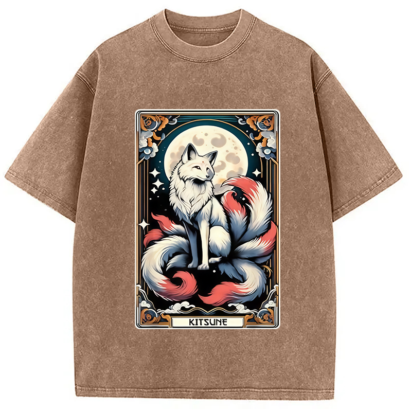 Modecanvas Japanese Kitsune Fox Nine Tailed Fox Tarot Washed T-Shirt