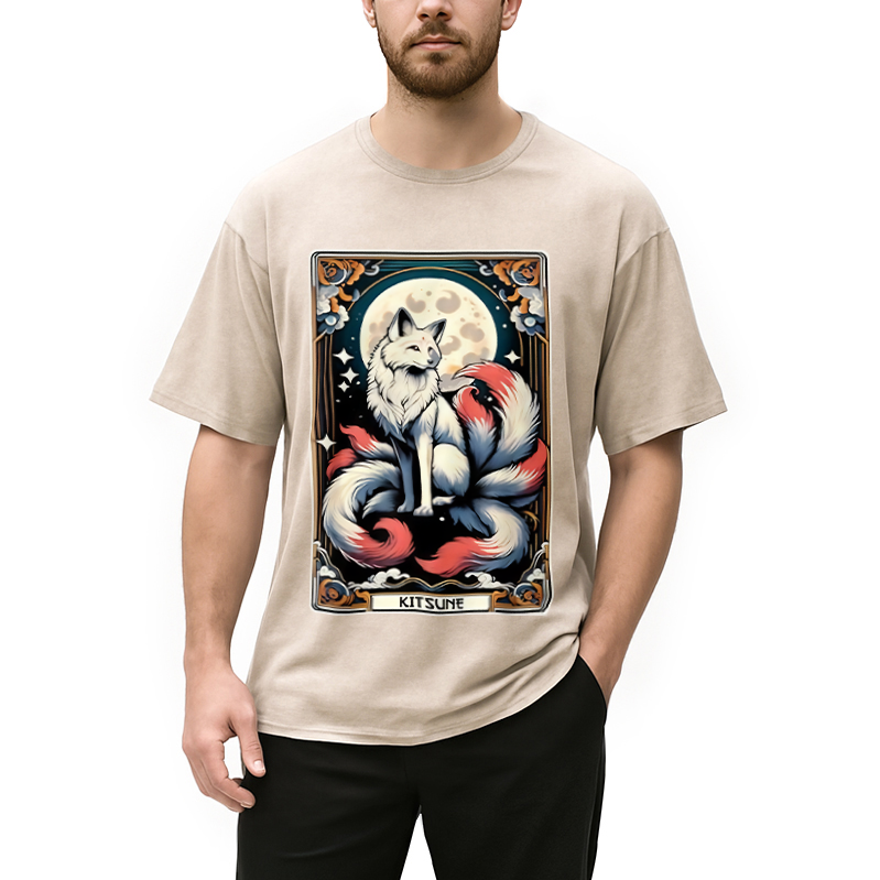 Modecanvas Japanese Kitsune Fox Nine Tailed Fox Tarot Washed T-Shirt