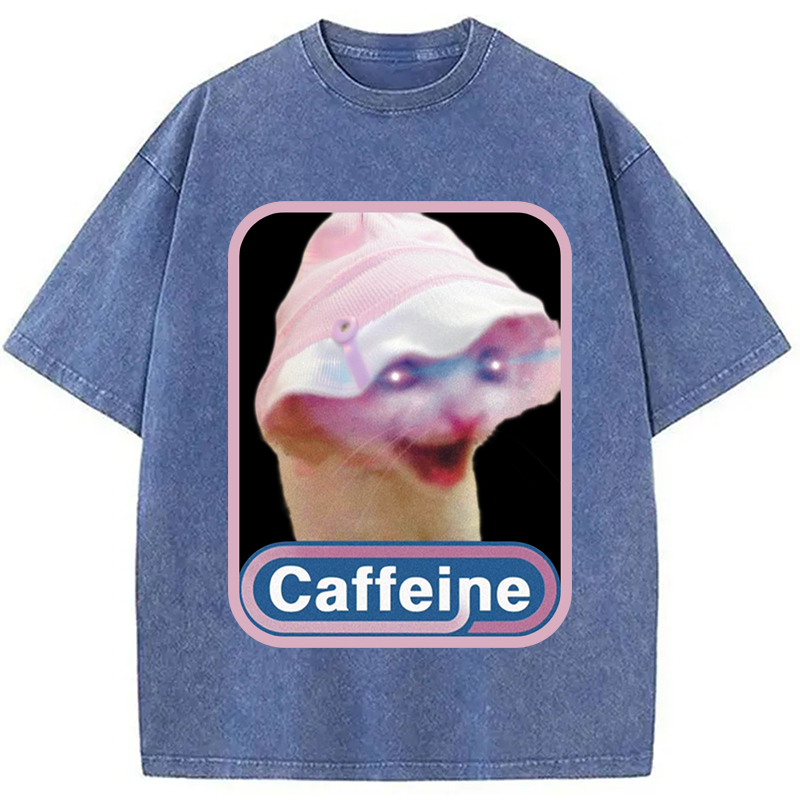 Modecanvas Caffeine Hat Cat Funny Meme Washed T-Shirt