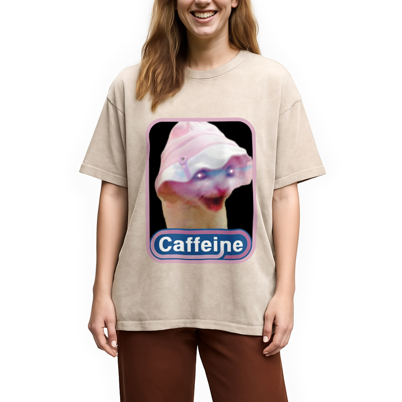 Modecanvas Caffeine Hat Cat Funny Meme Washed T-Shirt