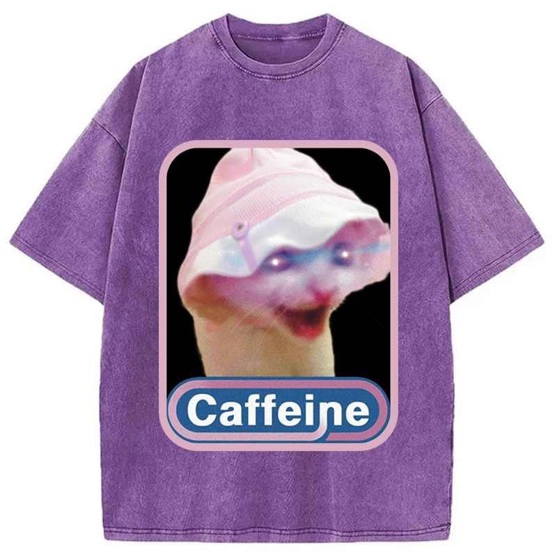 Modecanvas Caffeine Hat Cat Funny Meme Washed T-Shirt