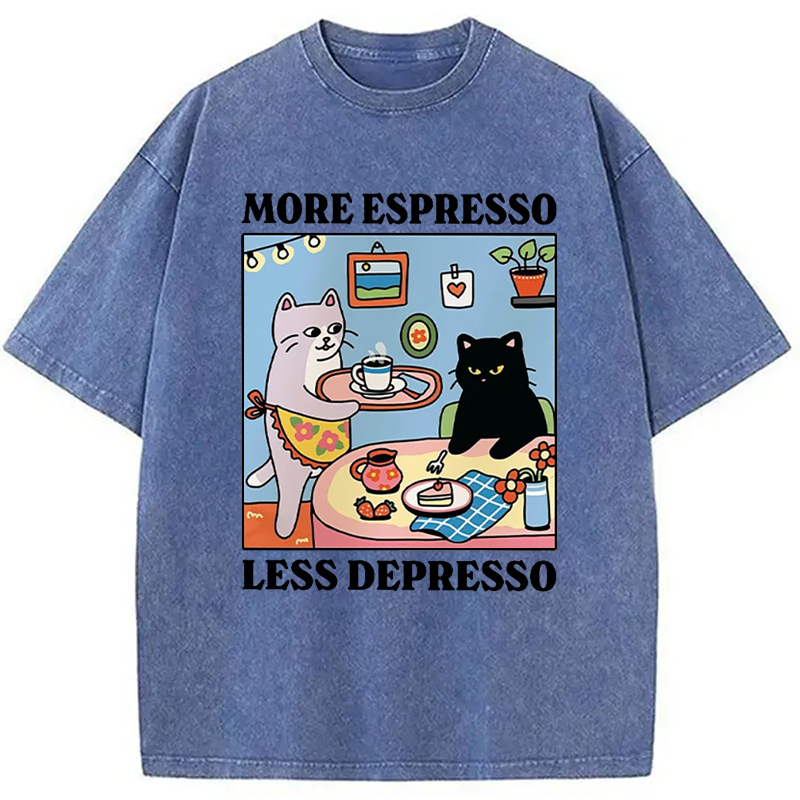 Modecanvas More Espresso Less Depresso Black Cat Kitchen Washed T-Shirt