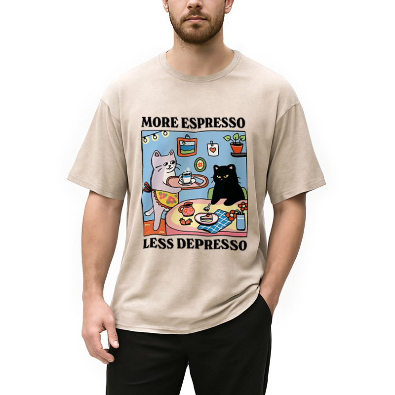 Modecanvas More Espresso Less Depresso Black Cat Kitchen Washed T-Shirt