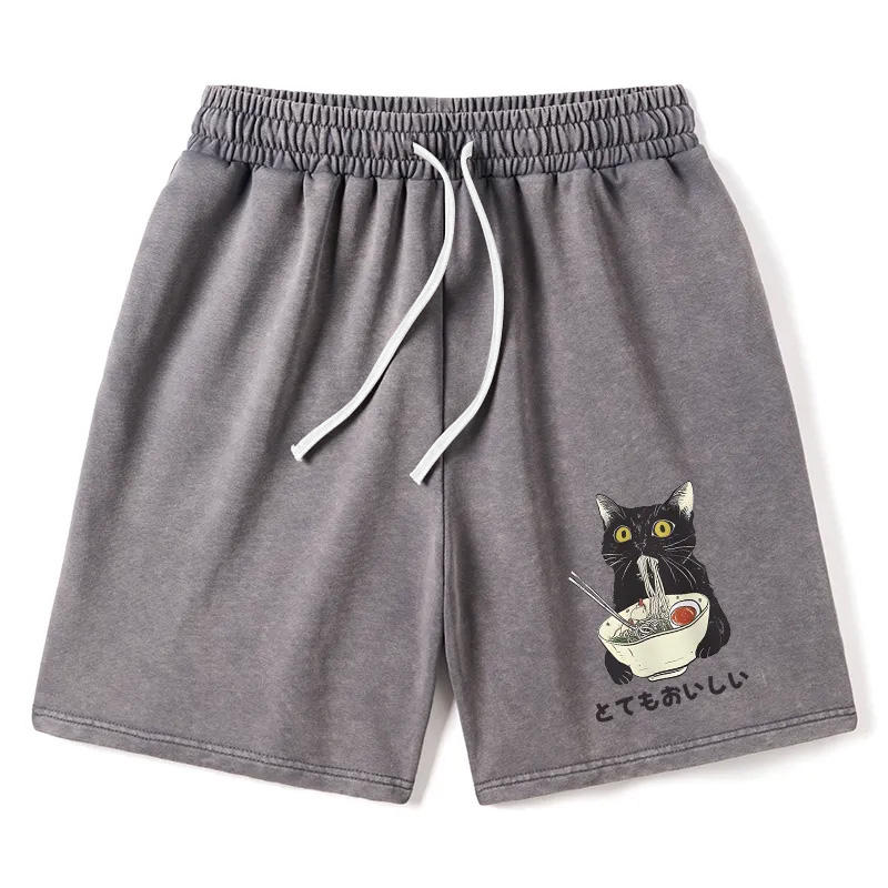 Modecanvas Cats Eat Ramen Noodles Washed Shorts