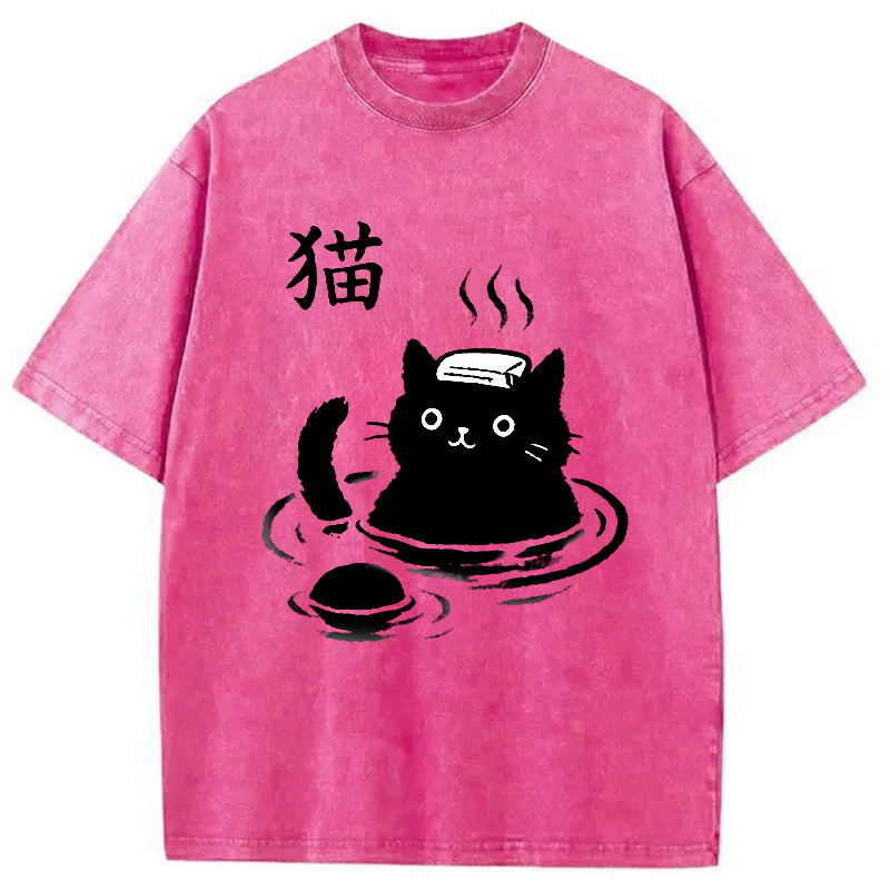 Modecanvas Cat Bathing In Hot Spring Washed T-Shirt