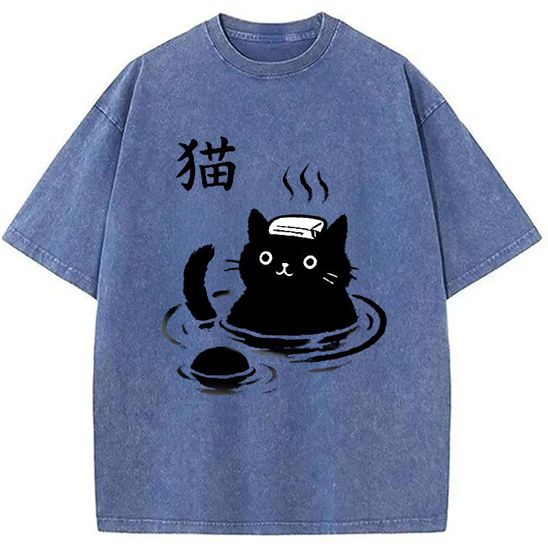Modecanvas Cat Bathing In Hot Spring Washed T-Shirt