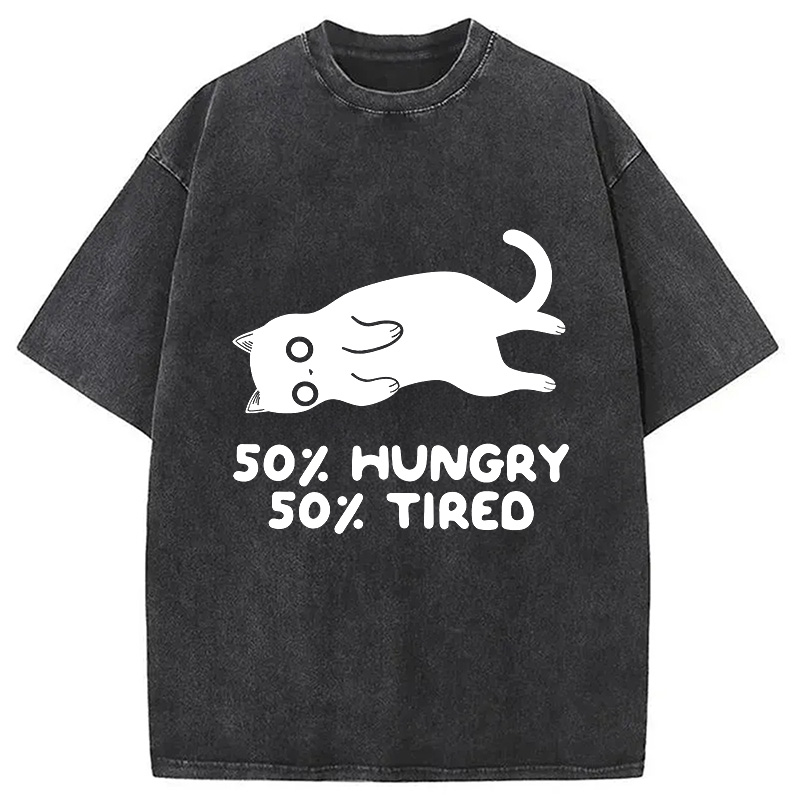 Modecanvas Hungry Tired Black Cat Funny Washed T-Shirt