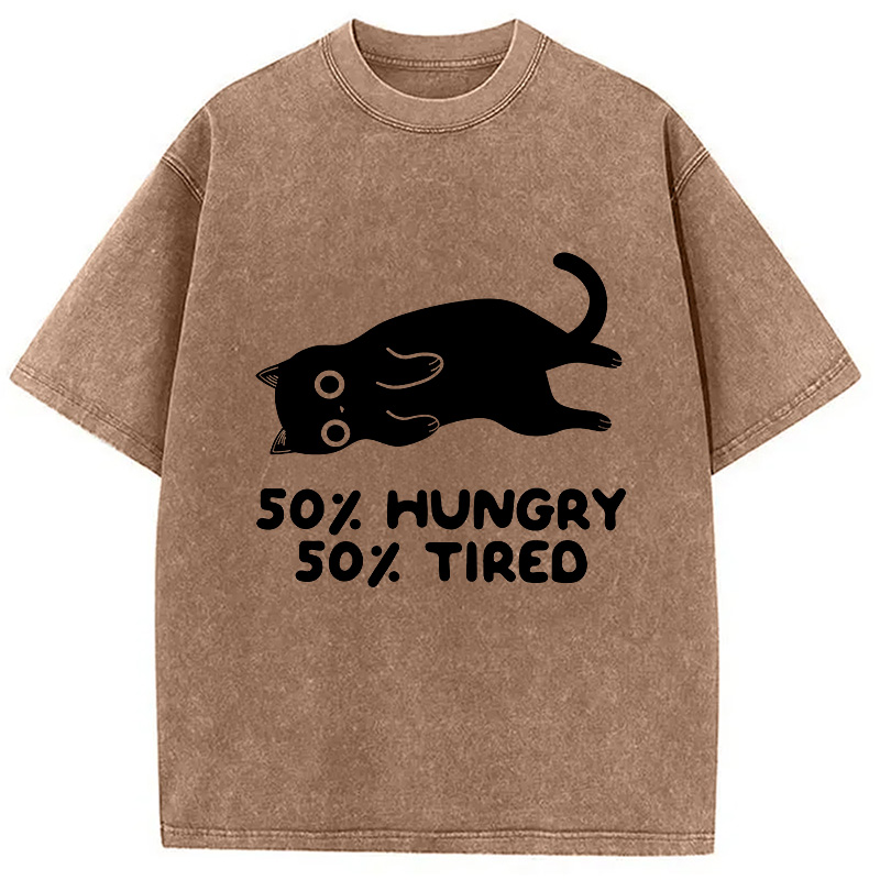 Modecanvas Hungry Tired Black Cat Funny Washed T-Shirt