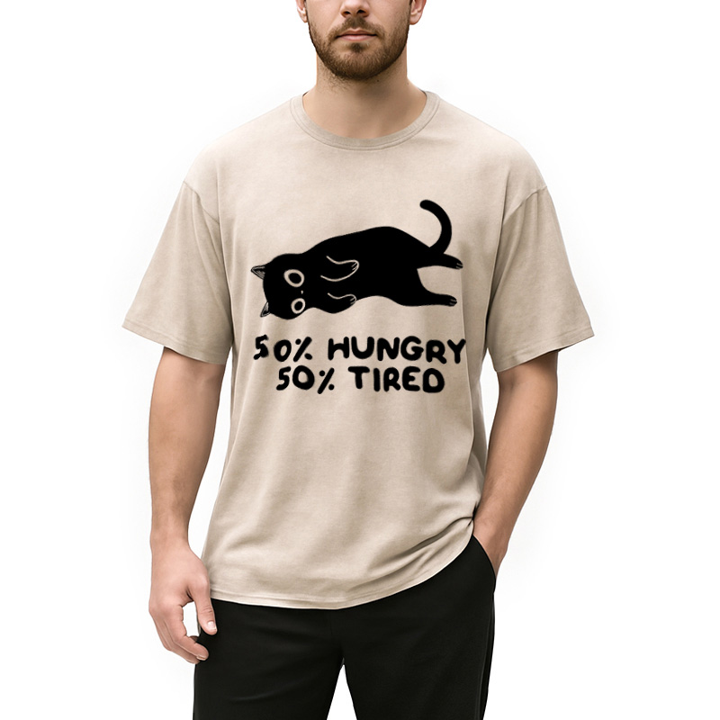 Modecanvas Hungry Tired Black Cat Funny Washed T-Shirt