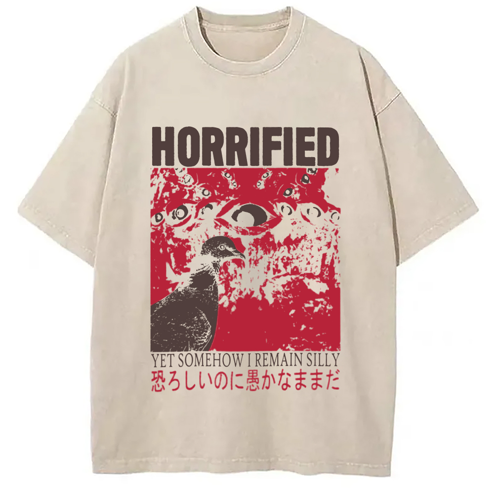 Modecanvas Horrified Pigeon Vintage DTG Printing Washed T-Shirt-modecanvas