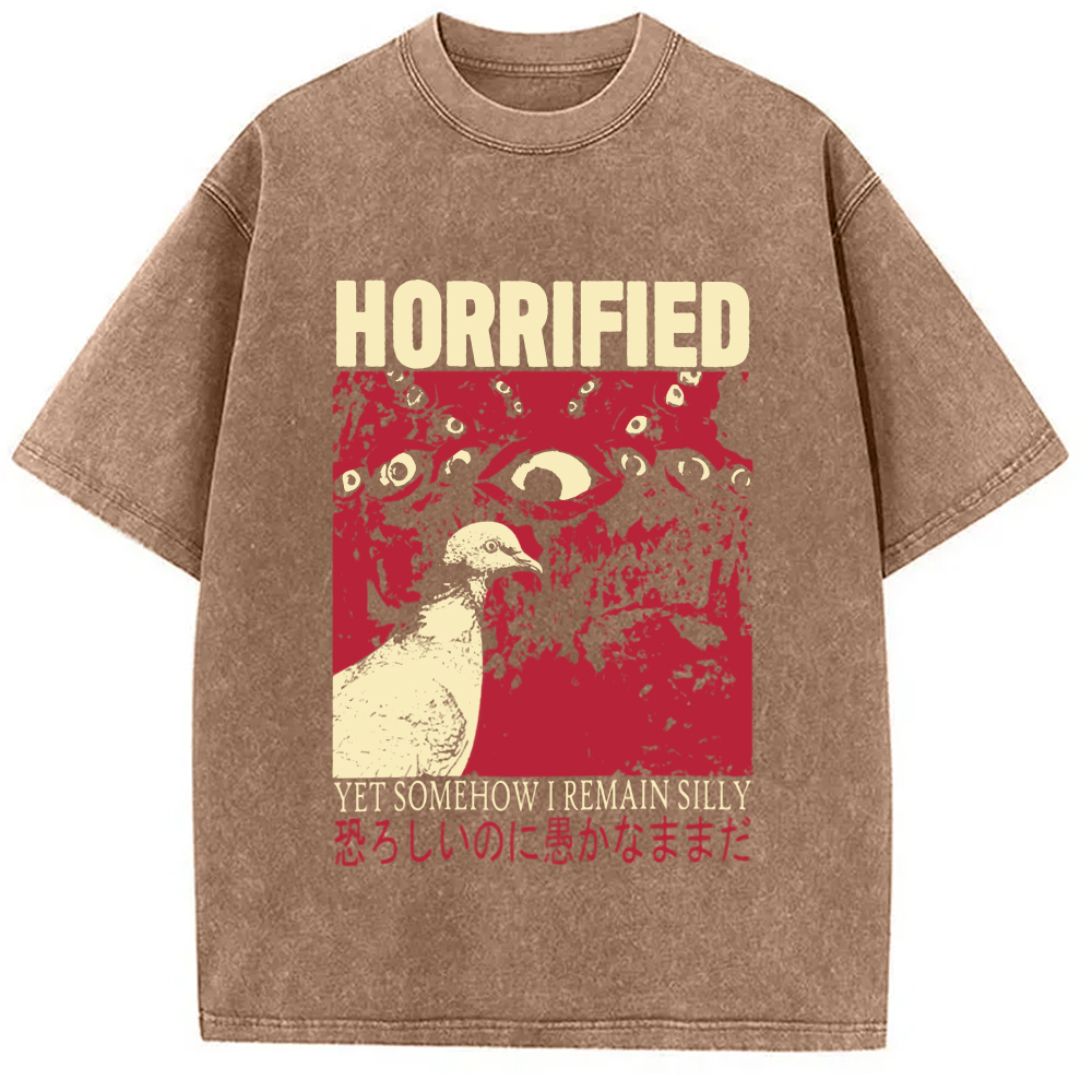 Modecanvas Horrified Pigeon Vintage DTG Printing Washed T-Shirt-modecanvas
