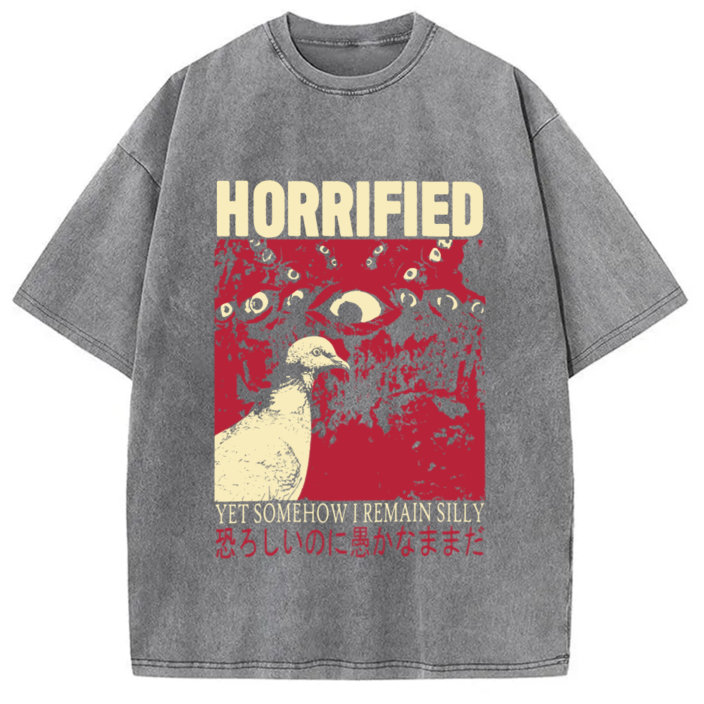 Modecanvas Horrified Pigeon Vintage DTG Printing Washed T-Shirt-modecanvas