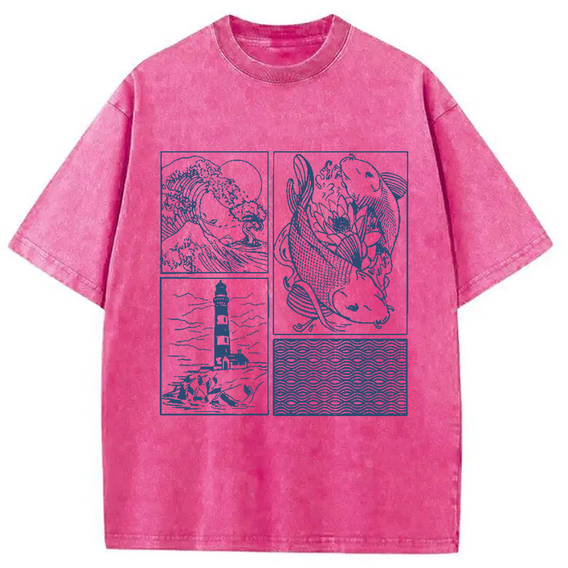 Modecanvas Vintage Minimalist Marine Life Japan Washed T-Shirt