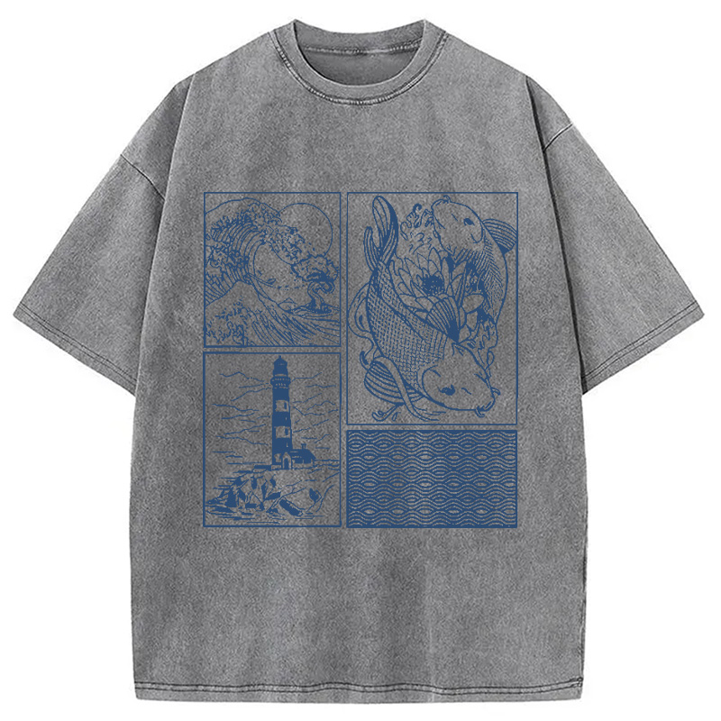 Modecanvas Vintage Minimalist Marine Life Japan Washed T-Shirt